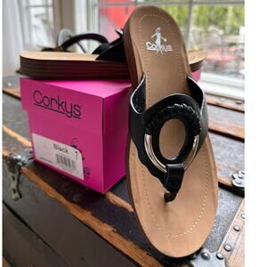 NEW Corkys Ring my Bell Sandals Women's Size 7 Black Flip Flop Silver Ring Beach